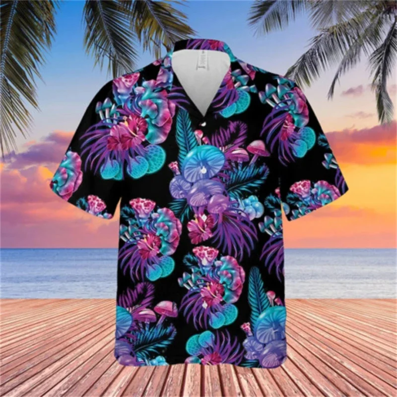 Camisa havaiana com estampa 3D de cogumelo masculino, manga curta, camisa de praia casual, blusa de peito único, roupas masculinas, moda masculina