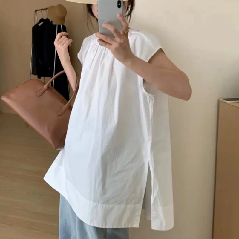 Looe-Casual Blouse for Women, Simple Design, Solid White, Female Pulls Tops, Tees, Summer, New, 2023