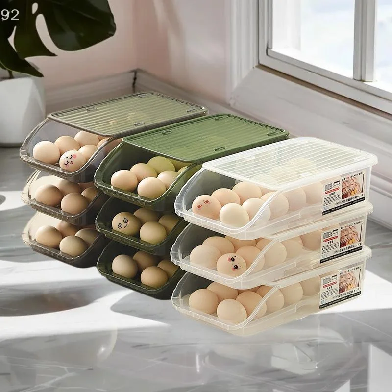 حامل أرفف صندوق البيض المتداول الأوتوماتيكي للثلاجة صندوق حفظ الطعام الطازج وحاويات تخزين سلة البيض ومنظمات المطبخ