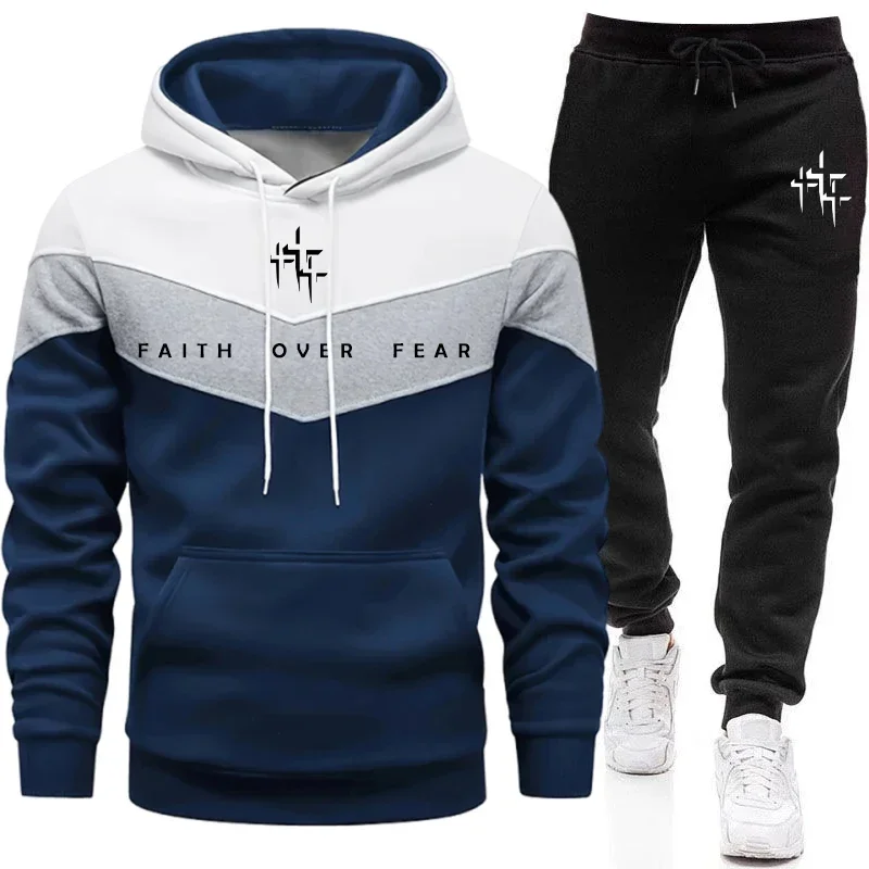 Faith Over Fear Men's Tracksuit Hooded Sweatshirt and Jogger Pants Urban Fashion Hoodies Outfits Autumn Winter Casual Sportswear view 3