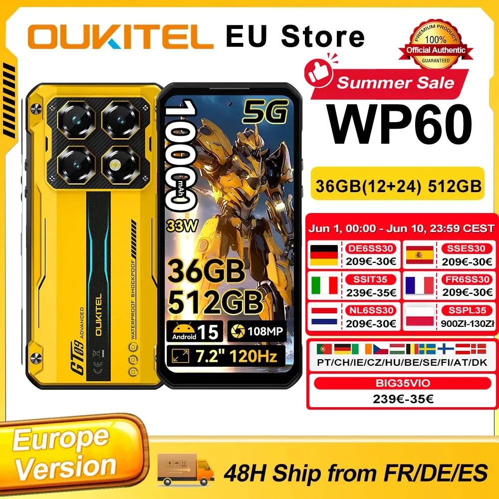 OUKITEL WP60 Smartphone avec écran HD+ 7,2 pouces 120 Hz, 36 Go de RAM (12 + 24 Go), 512 Go de ROM, processeur MTK 7025 5G, batterie 10 000 mAh, robuste, appareil photo 108 MP, Android 15 et NFC.