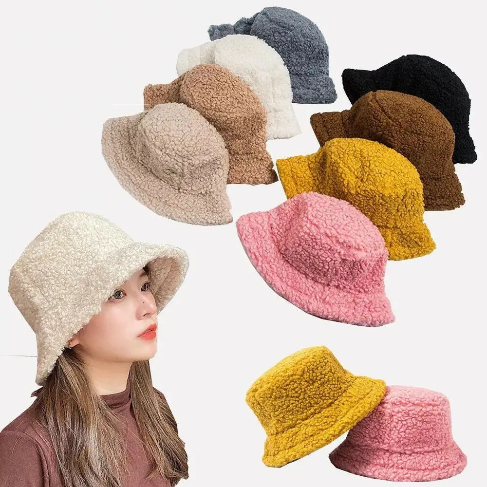 Winter Lamb Wool Soft Warm Bucket Hat Fisherman Cap Panama Hat Sun Cap