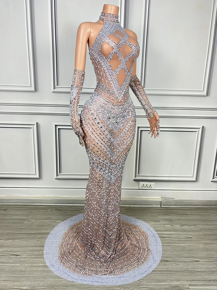 فستان سهرة مثير بحجر الراين Gogo زي حفلات الملهى الليلي بريق فاخر للنساء فساتين أنيقة بطول الأرض ملابس المسرح yj182