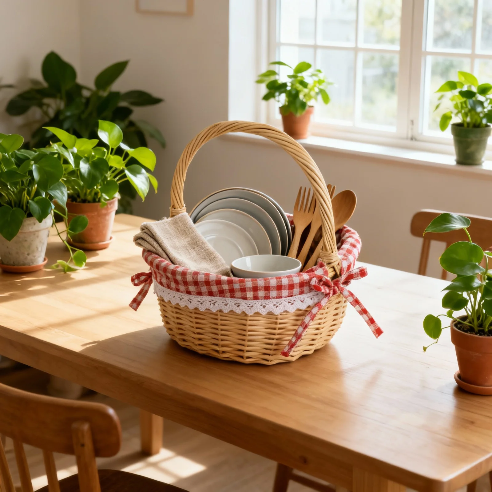 

Wicker Storage Basket Hand Woven Linen Inner Size S Red Plaid Fabric For Fruit Vegetable Bread Snack Food Serving Storage