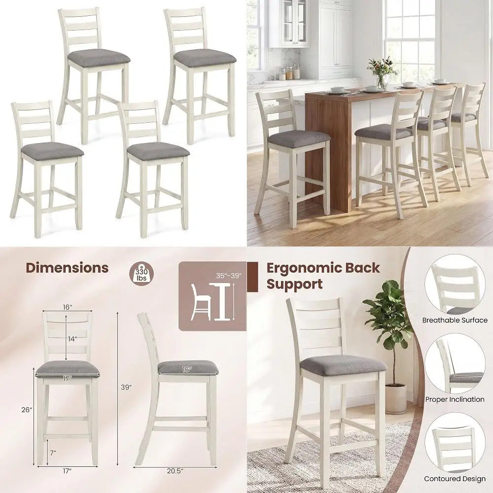 

Bar Stools Set of 4, 26 Upholstered Counter Height Barstools with Back, Padded Seat amp Footrest, Farmhouse Wooden Bar Chairs f