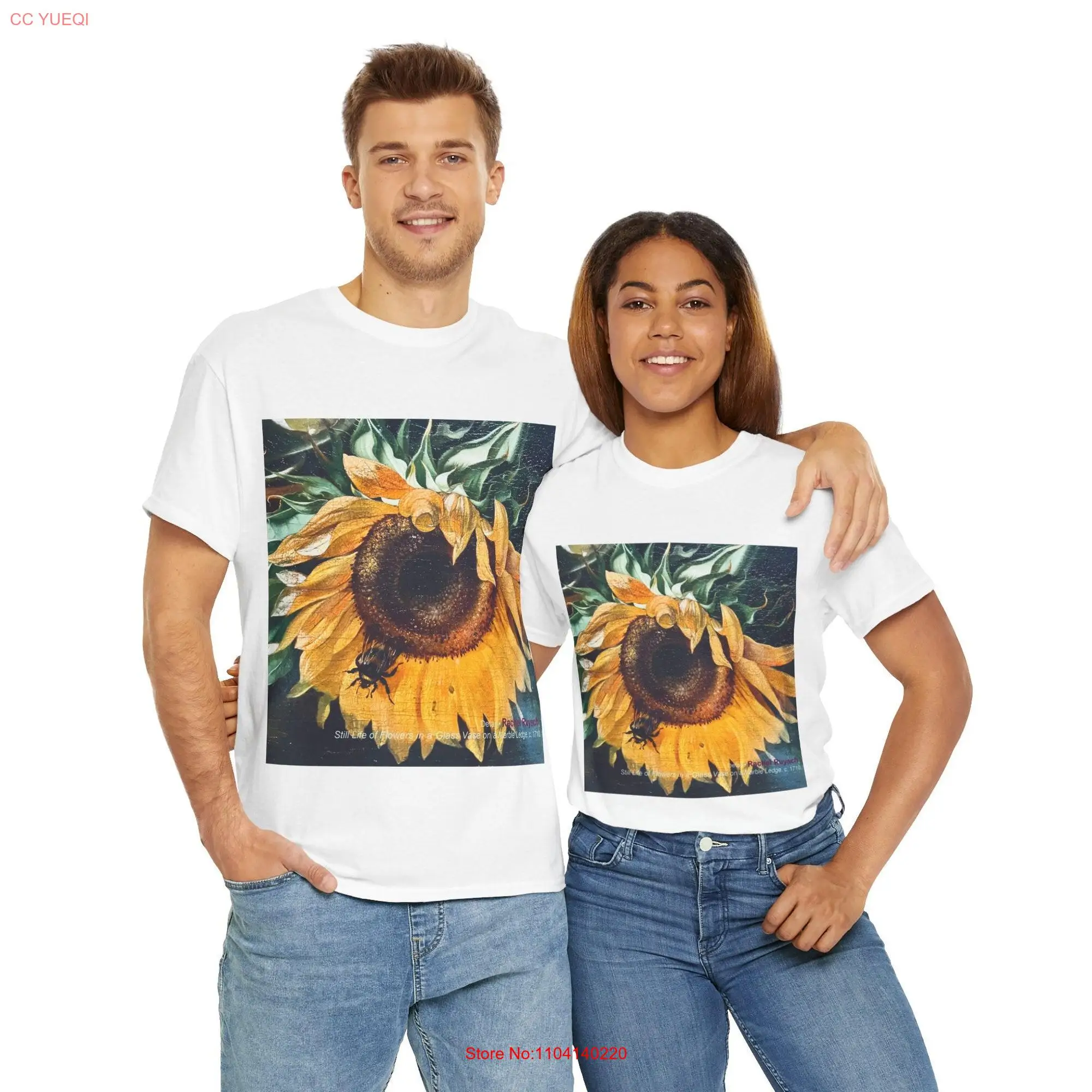 Heavy Cotton T Shirt Painting Flowers Sunflower and Bumblebee Art Rachel Ruysch History Student Vintage Style