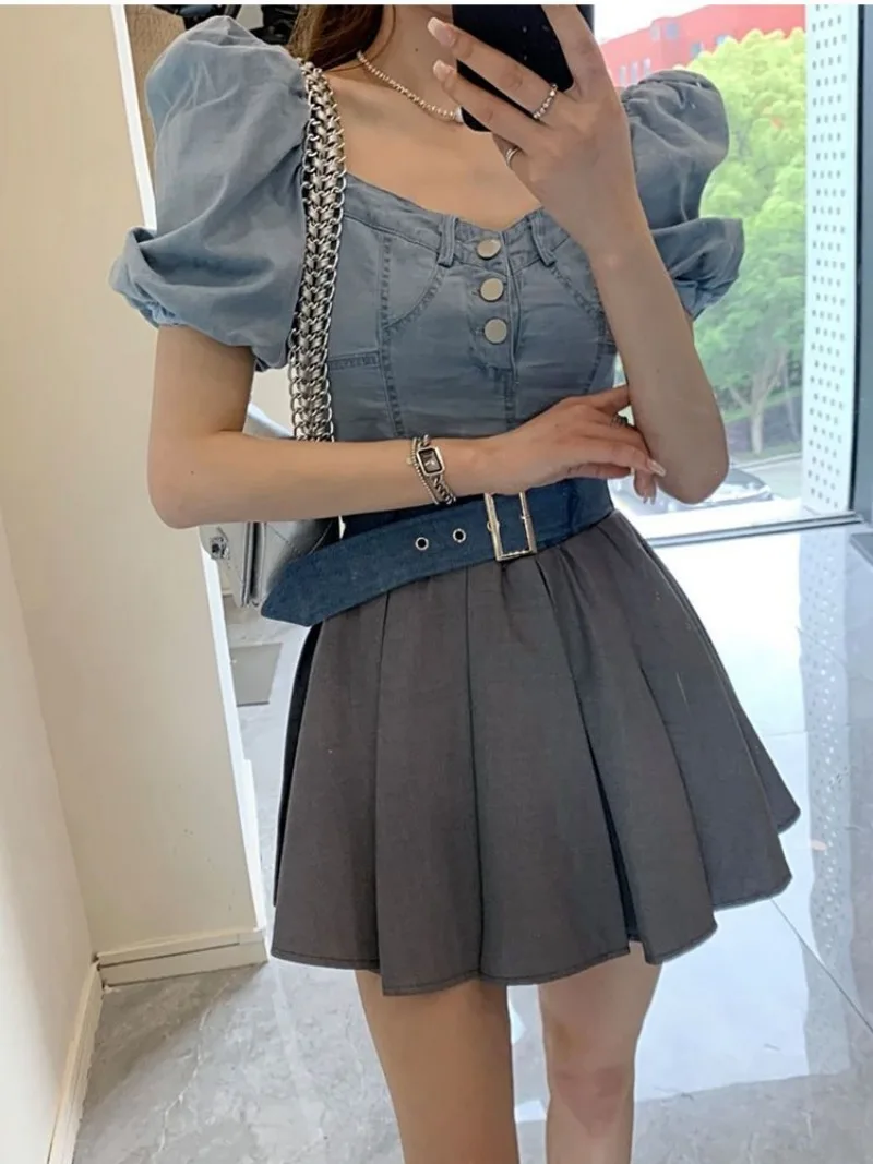 Korean Sweet Denim Top Pleated Skirt Two-piece Set Women Bubble Sleeves Collarbone Solid Fashion Gentle Slim Summer Chic Suit