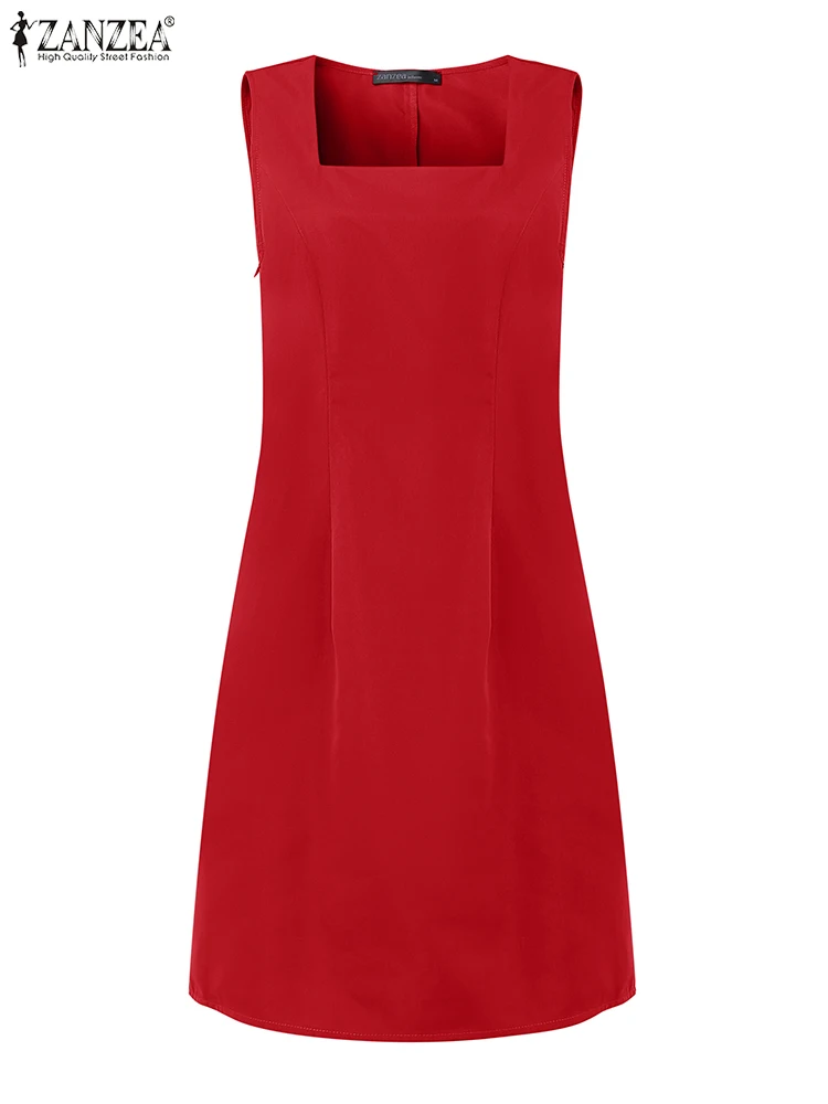 ZANZEA-túnicas cortas sin mangas de verano para mujer, minivestidos elegantes a la moda con cuello cuadrado, ropa de día, vestido informal ajustado sin mangas
