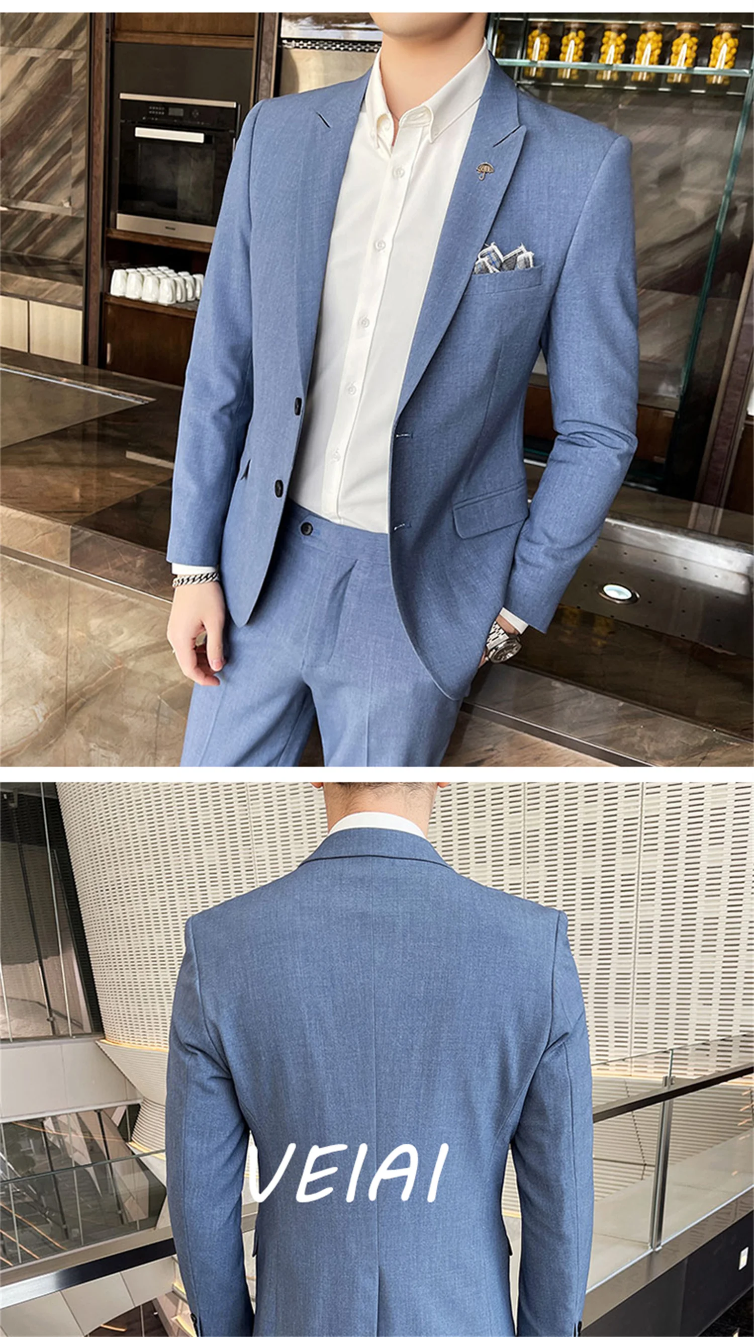 맞춤형(재킷+바지) 패션 남성 단색 레저 정장 회색 파랑 검정 슬림핏 남성 비즈니스 연회 정장 세트 플러스 사이즈