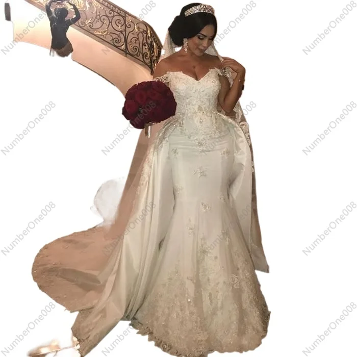

Beaded Lace Wedding Dress with Detachable Train Mermaid Bridal Dress Decal Ivory Satin Wedding Bride Wear