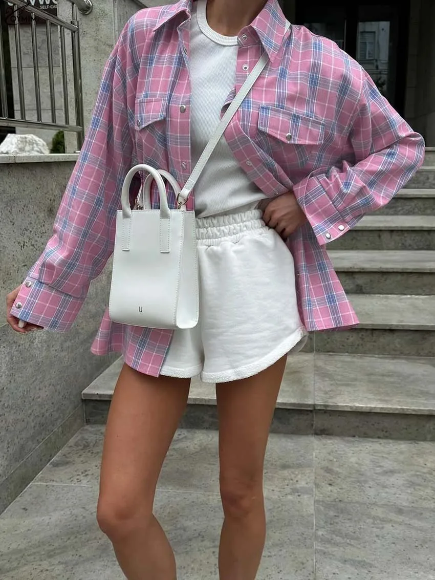 

Oymimi Fashion Pink Print Women's Shirt Elegant Turn-Down Collar Long Sleeve Pockets Shirts Casual New Single Breasted Blouses