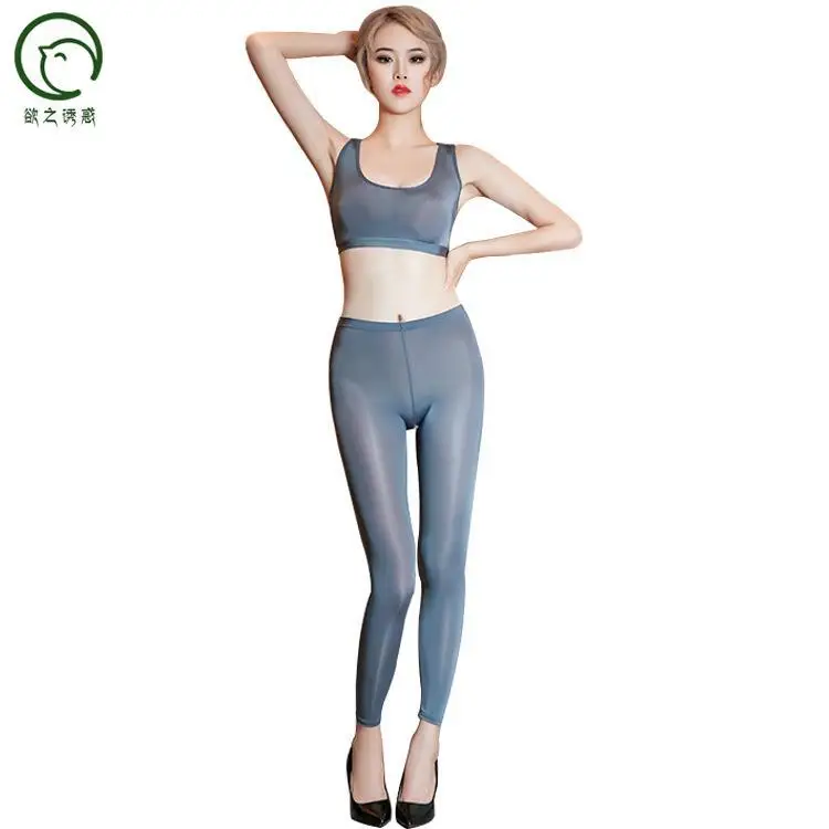 Glossy Sexy Open Crotch Leggings Fitness See Through Sport Plus Size Women  Pants