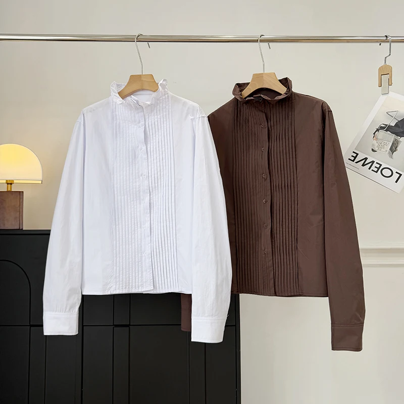 

Nordic Style Petal Design Cotton Long Sleeve Stand Collar Women's Shirt Spring 2026 Loose Fit American Brand White Shirt