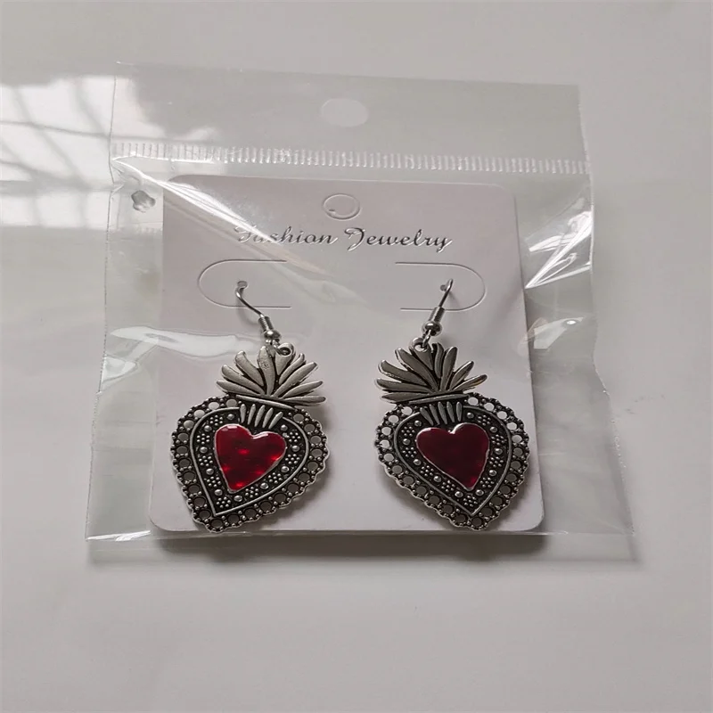 Mexican Sacred Heart Earrings, Milagro Dangle, Large and Silver Plated Charm, Gifts for Women