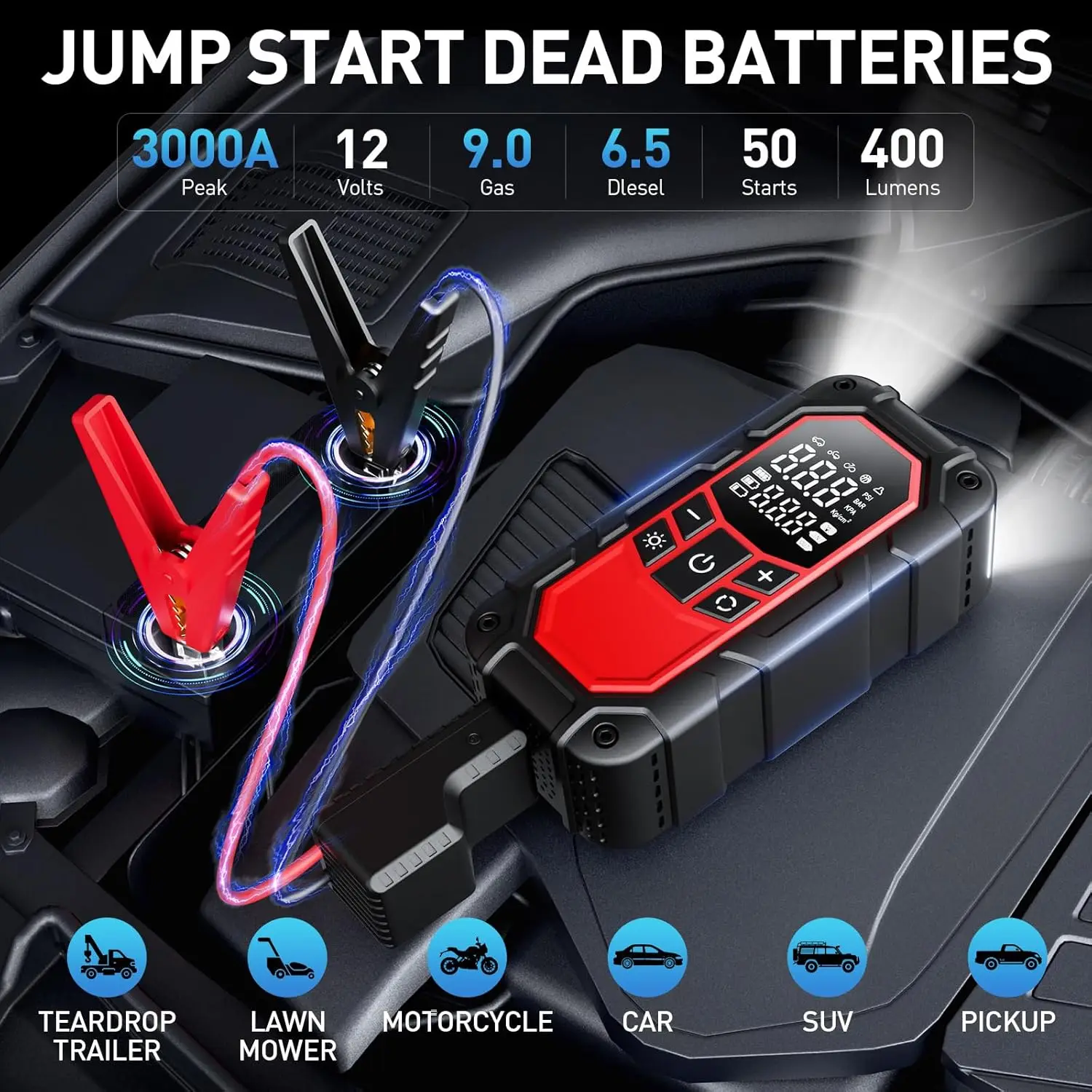 

Jump Starter with Air Compressor,3000A car Battery Jump Starter (9.0 /6.5L Diesel) with 150PSI Digital tire inflator,New