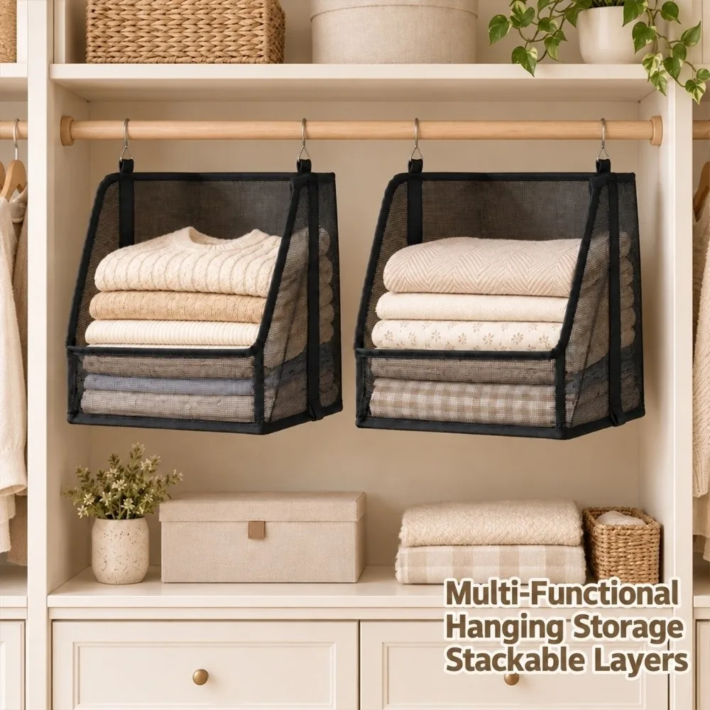 Plastic Mesh Hanging Storage Basket Open Front Stackable Hanging Mesh Organizer Detachable Plastic Mesh Storage Bin