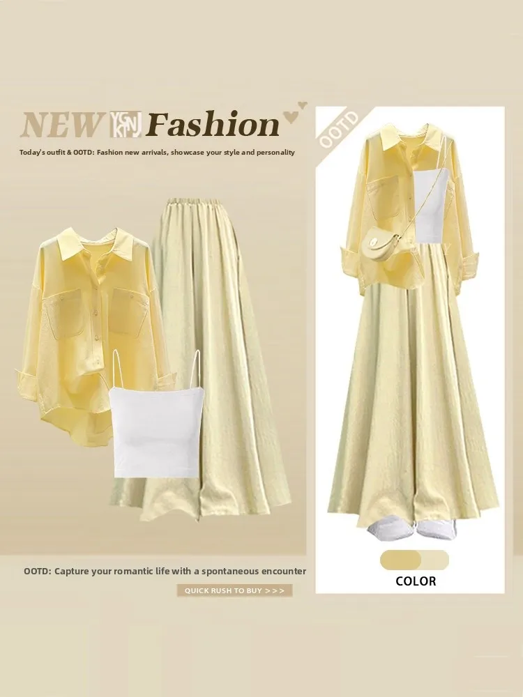 Slimming Effect Loose Long Sleeve Shirt Set with Camisole And Wide Leg Casual Pants Spring Summer Slimming Ageless Ensemble