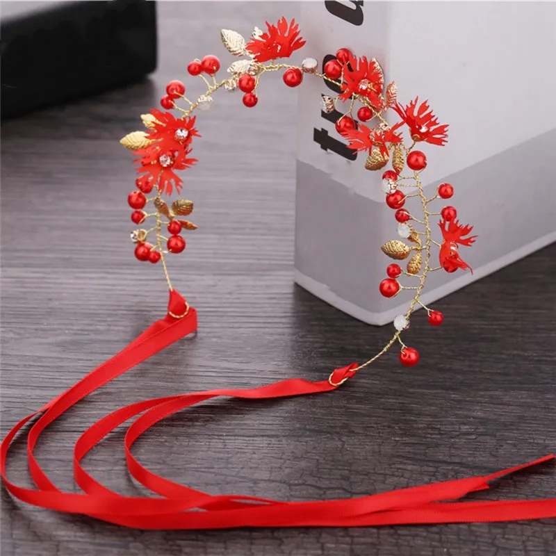 Elegant Girls Bridal Headband Red Cloth Flower Pearl Hair Headdress Flower Wreath Bride Garland Head Hoop Wedding Headbands