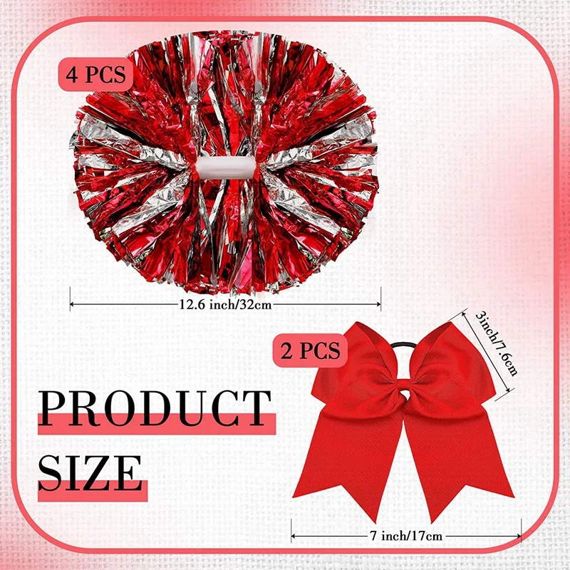 6 Pcs 13 Inch Cheerleading Pom Poms And Big Bow, Suitable For Girls' Cheerleading Poms, Metal Poms And Handles