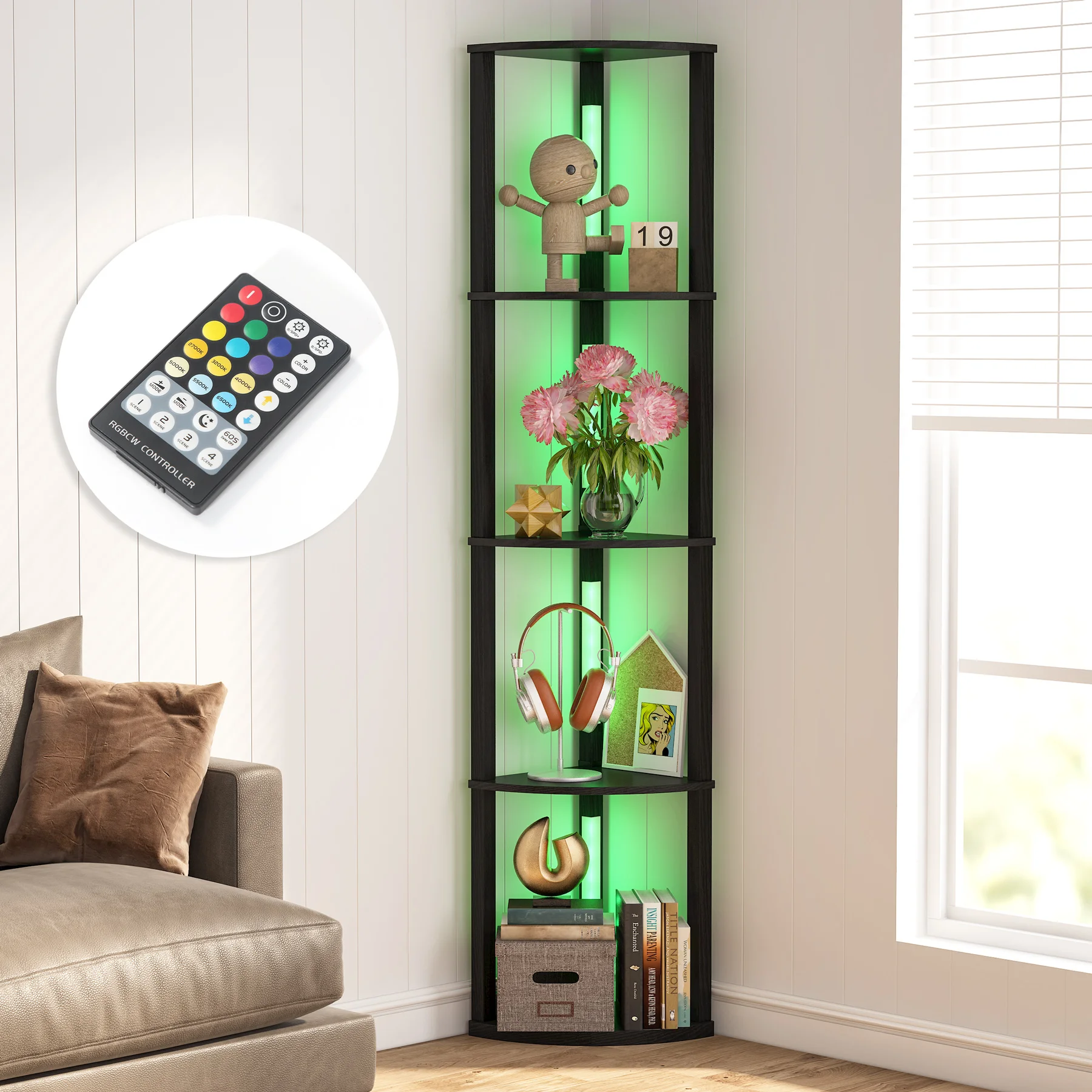 Tribesigns Corner Display Shelf with 6 Color Lights, Corner Bookshelf Bookcase with LED Lighting, Dimmable Shelving Unit