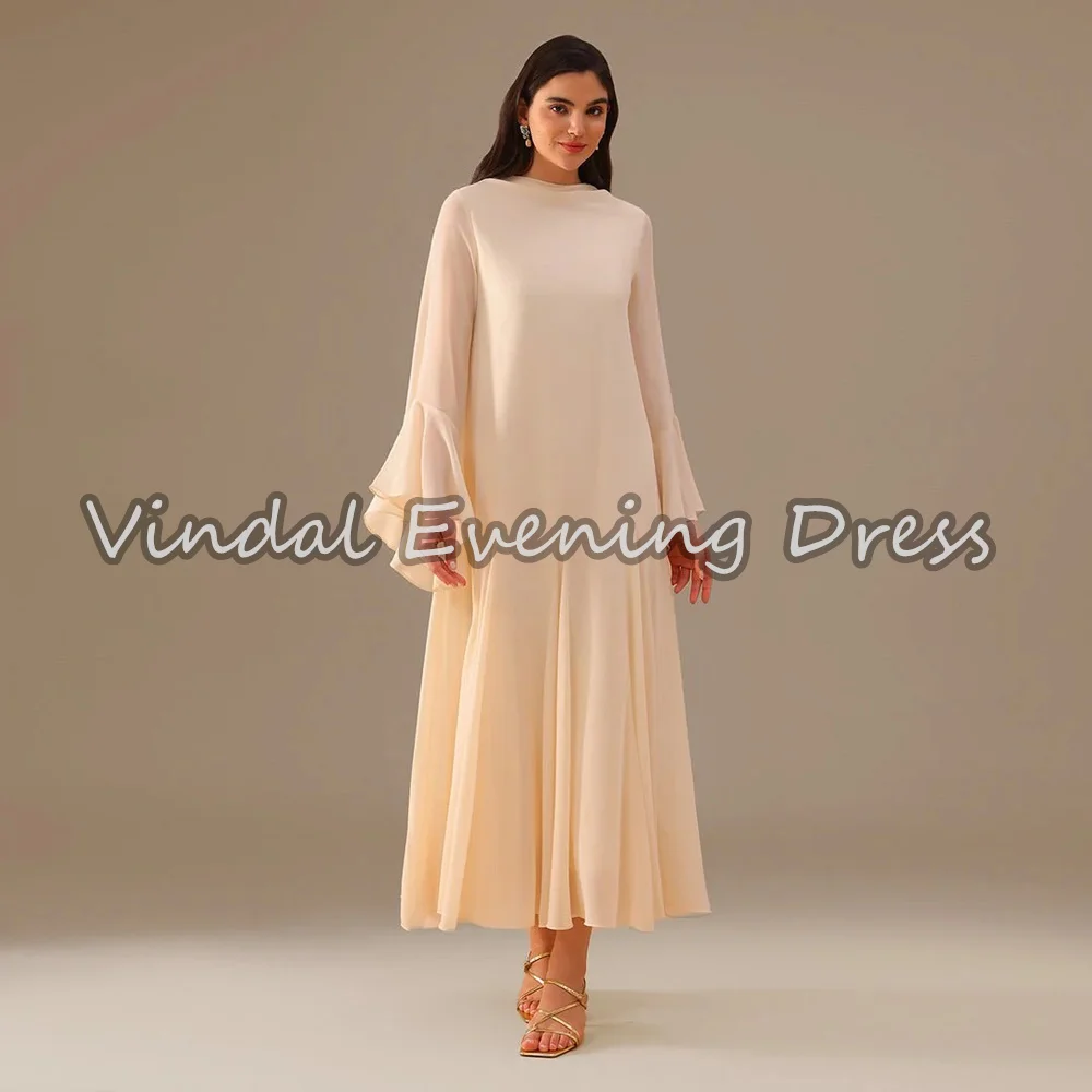 

Vindal Chiffon A-line O-neck Draped Ankle Length Simple Saudi Evening Dresses For Women 2025 With Long Sleeves Arab Party Dress