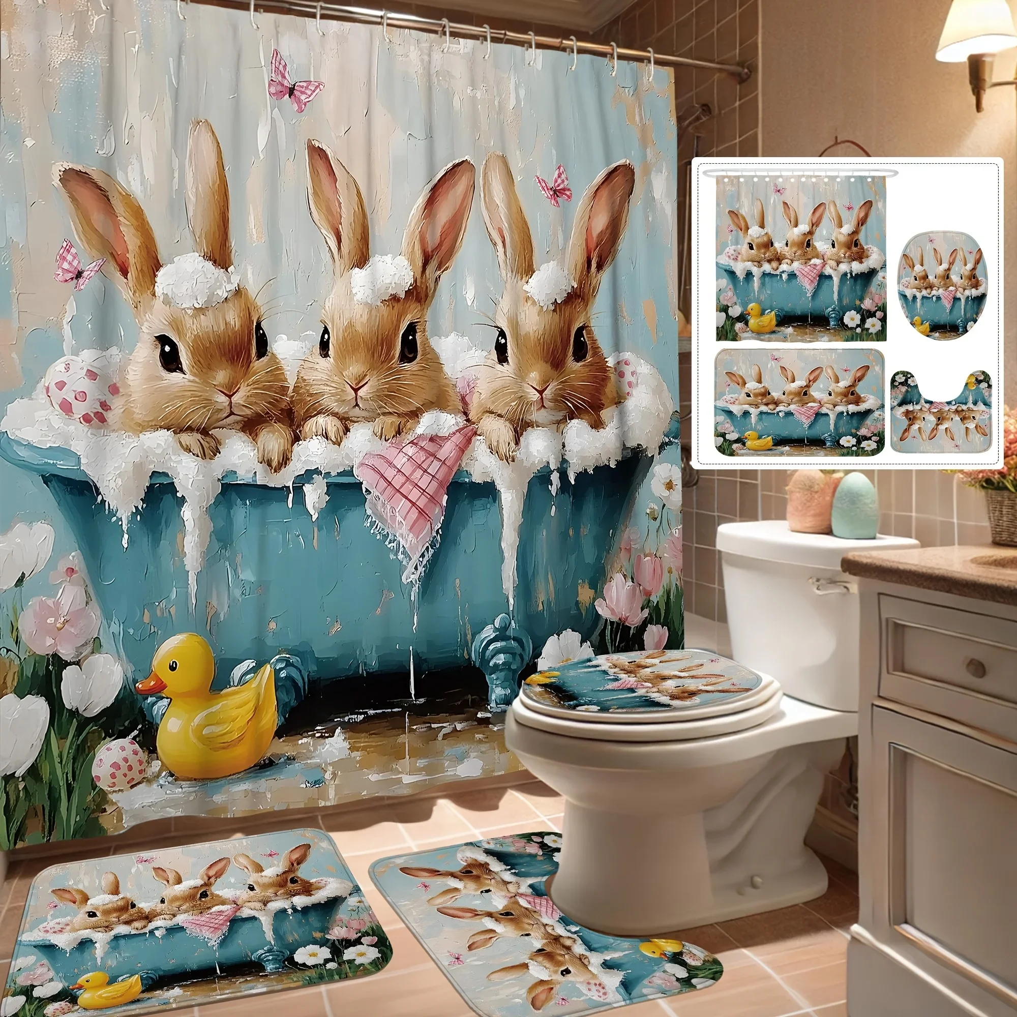 

Adorable Bunny Bath Time Bathroom Four-Piece Set - Featuring a Charming Design with Cute Bunnies in a Tub, Perfect for Adding