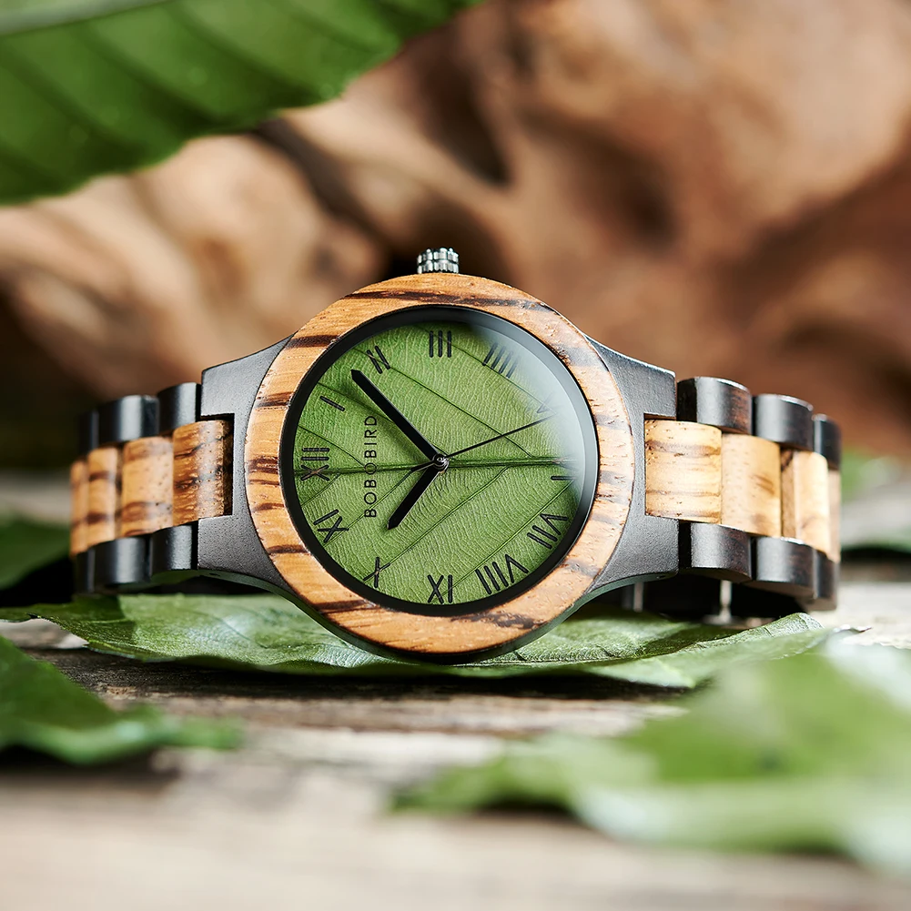 BOBO BIRD Men\'s Wood Watch with Genuine Leaf, Original Wooden Clock, Customized Watch, Handmade Watch, Anniversary Gift for Man