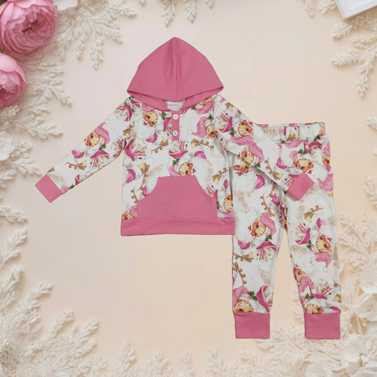 

Baby Girl Long Sleeve Sweatshirt Set with Pockets Toddler Spring Fall Kids Hoodie Outfit Christmas Santa Button Top Pant Clothes