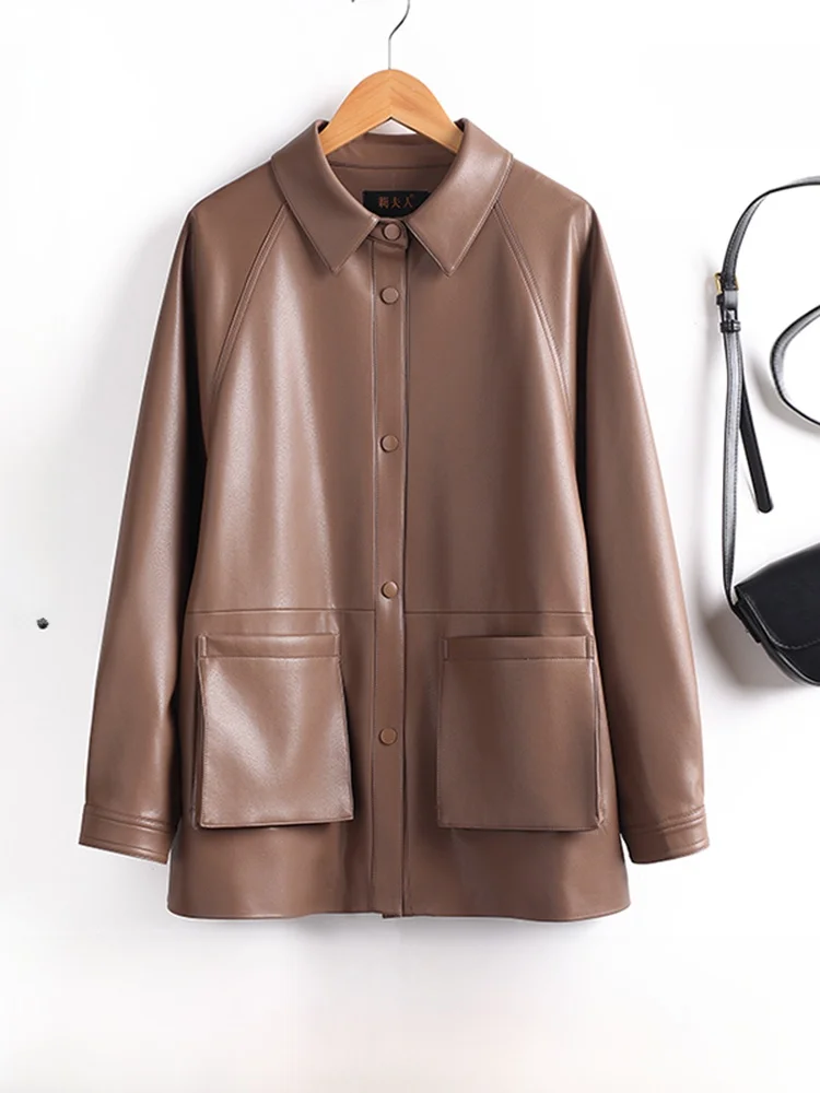   Ning 本革ジャケット レディース ミッドレングス シープスキン ルーズ カジュアル スプリング 秋 ファッション アウター コート