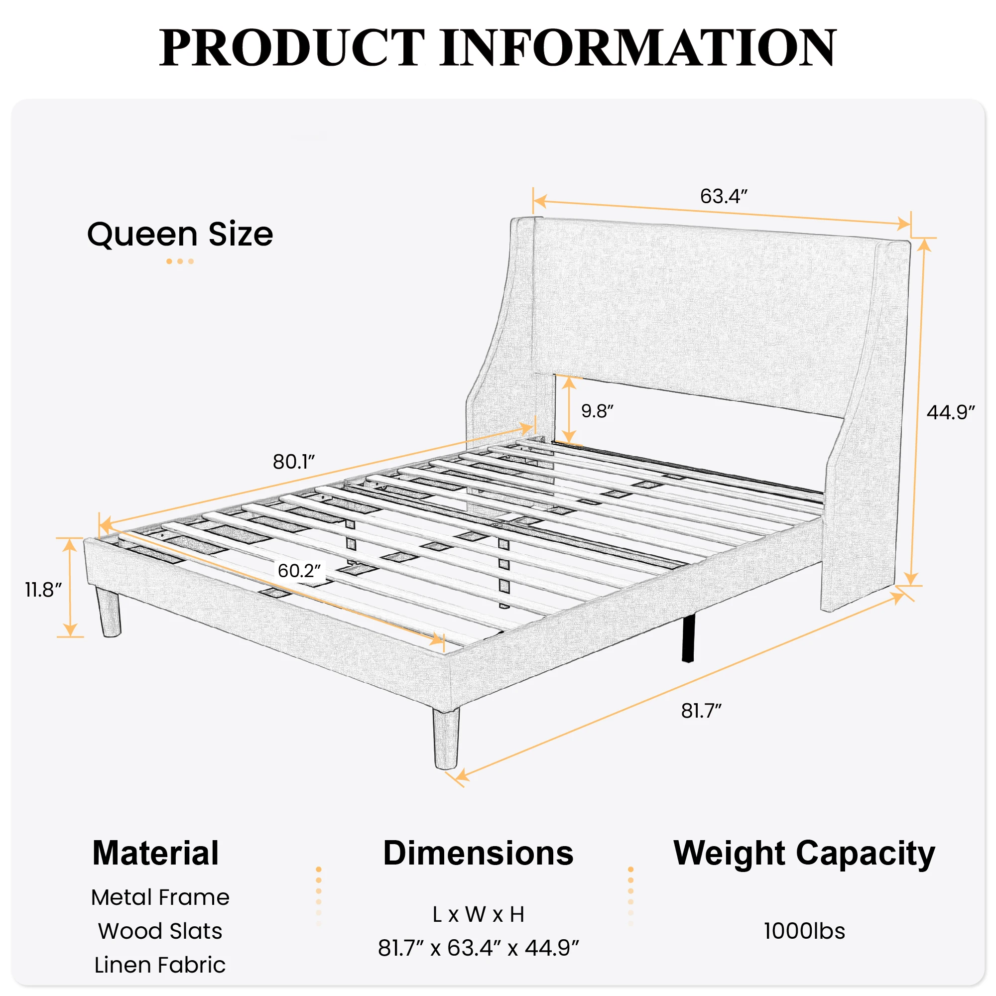 إطار سرير HOOMIC، سرير بمنصة جناح حديثة منجدة من القماش مع لوح رأسي، شرائح خشبية قوية تدعم Allewie #5