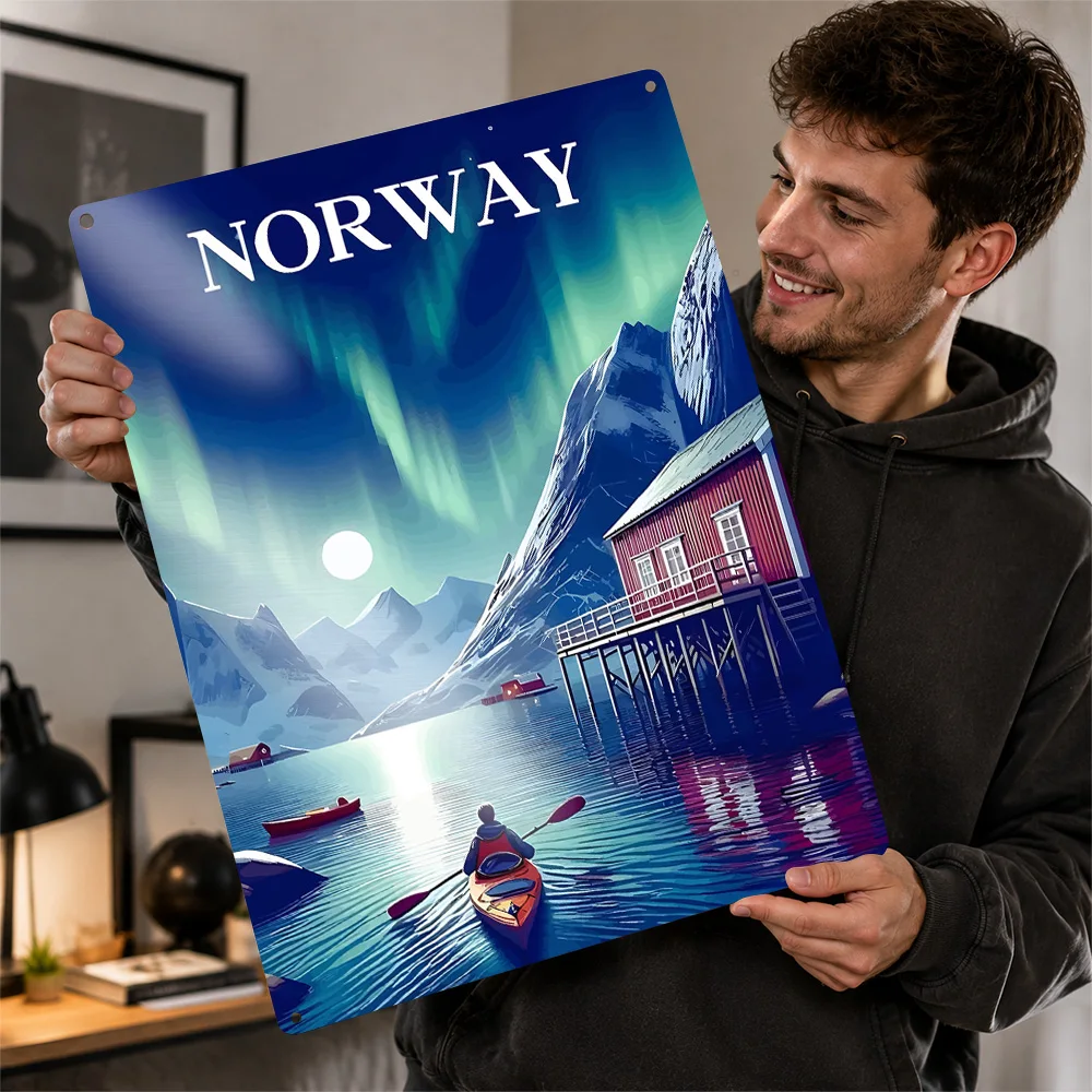 Norway Kayak Beneath Aurora Printed Poster Vintage Illustrated Wall Art For Bedroom Customized Aluminum Metal Sign Explorer Gift