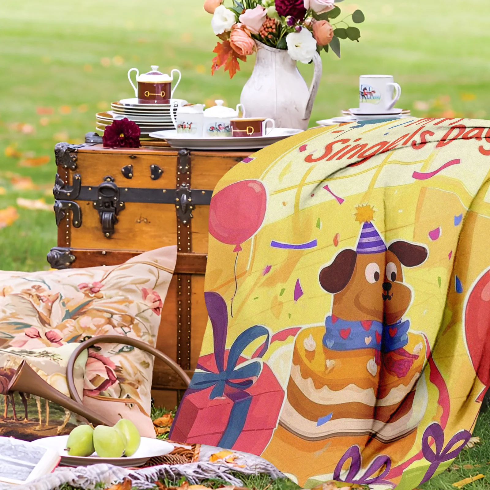 Cartoon Party With Cake Design Outdoor Blanket For Camping Picnic And Nature Adventures With