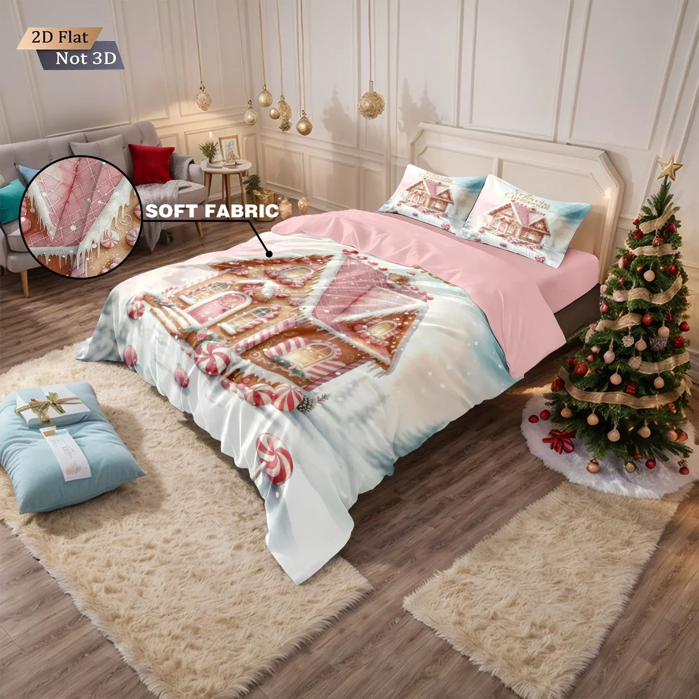 3pcs pink romantic Christmas cottage Merry Christmas print choreless bedding set multi size bedroom bedding holiday decoration