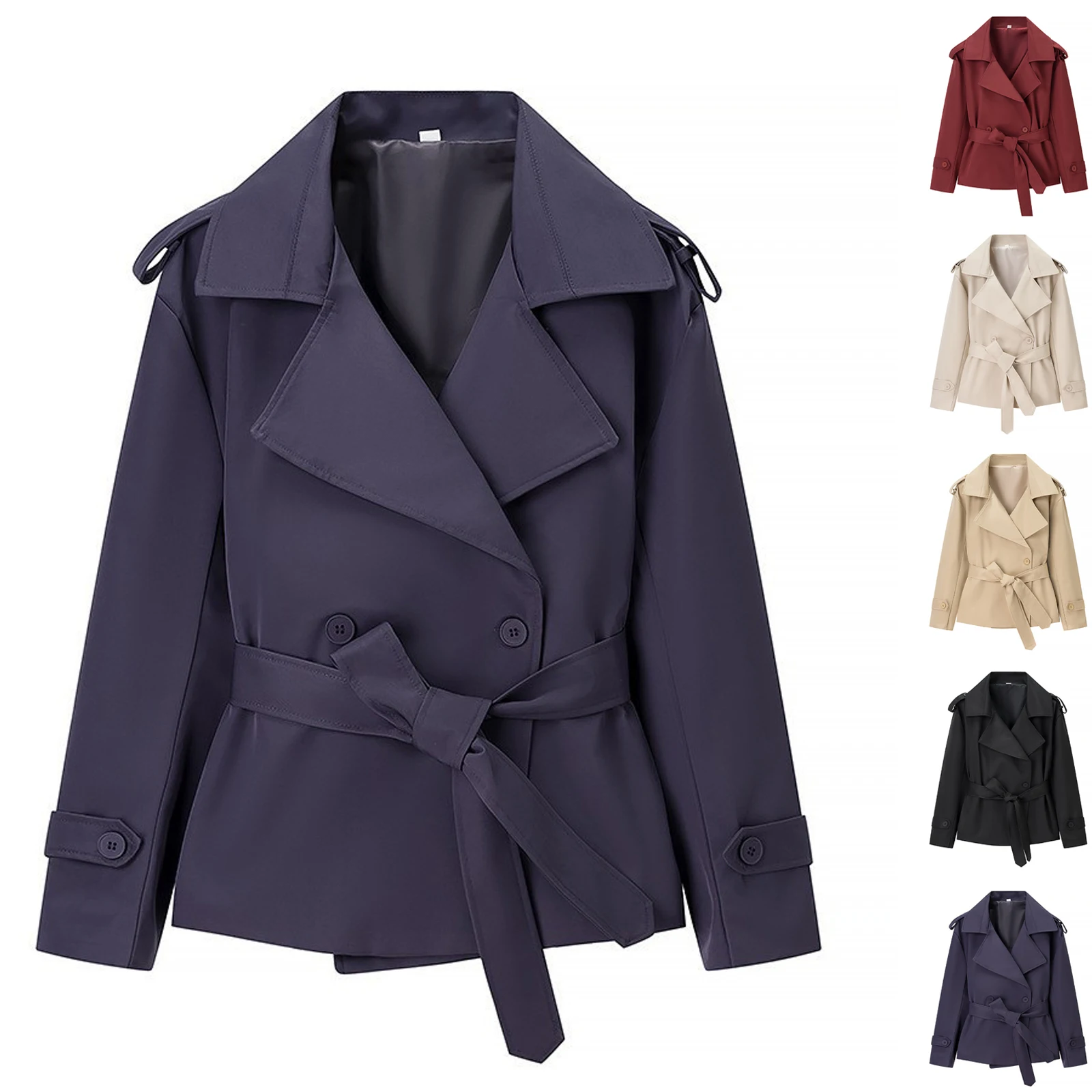 

Women's Solid Color Belted Cropped Jacket Fashion Long Sleeves Lapel Coat Elegant Short Jacket for Spring Fall Street Outerwear