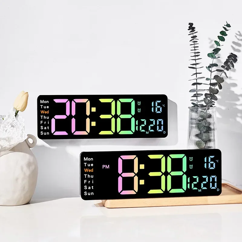 LED Digital Wall Clock with Multi-function Light Remote Control Date Week Temperature Clock Dual Alarms Time Living Room Decor