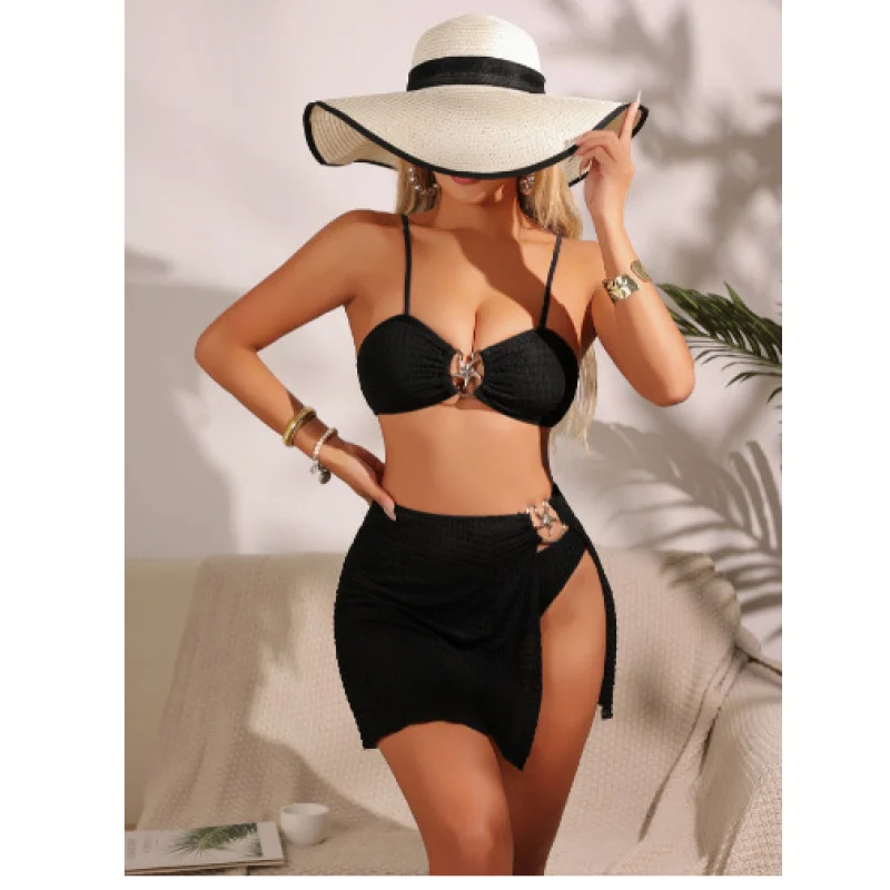 2025New Solid Color Two-Piece Swimsuit Bikini Three-Piece Set with Metal Decoration and Special Fabric Swimwear