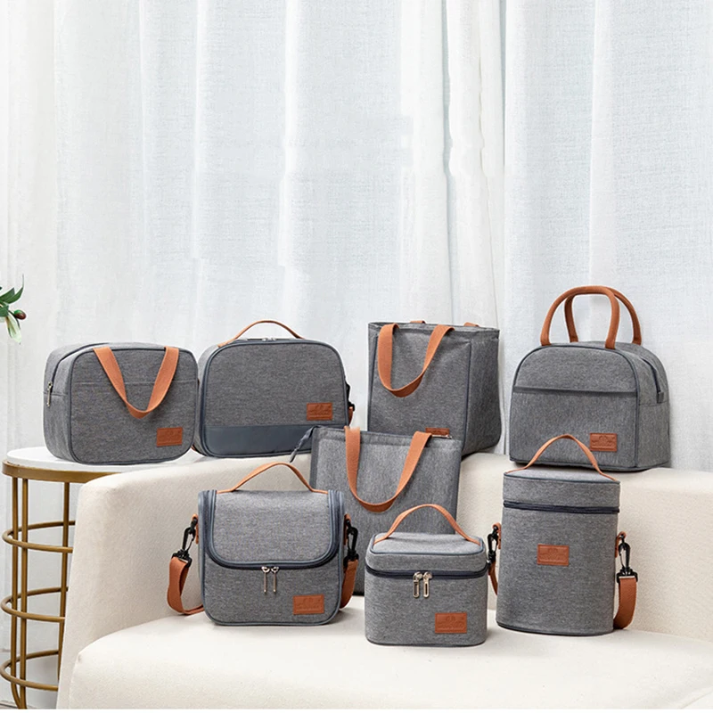 Fashion Portable Gray Tote Insulation Lunch Bag for Office Work School Korean Oxford Cloth Picnic Cooler Bags