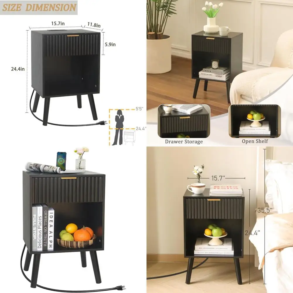

Charging Station Nightstand, Mid Century Modern Drawer Table, Wooden Bedroom Side Table (Black)