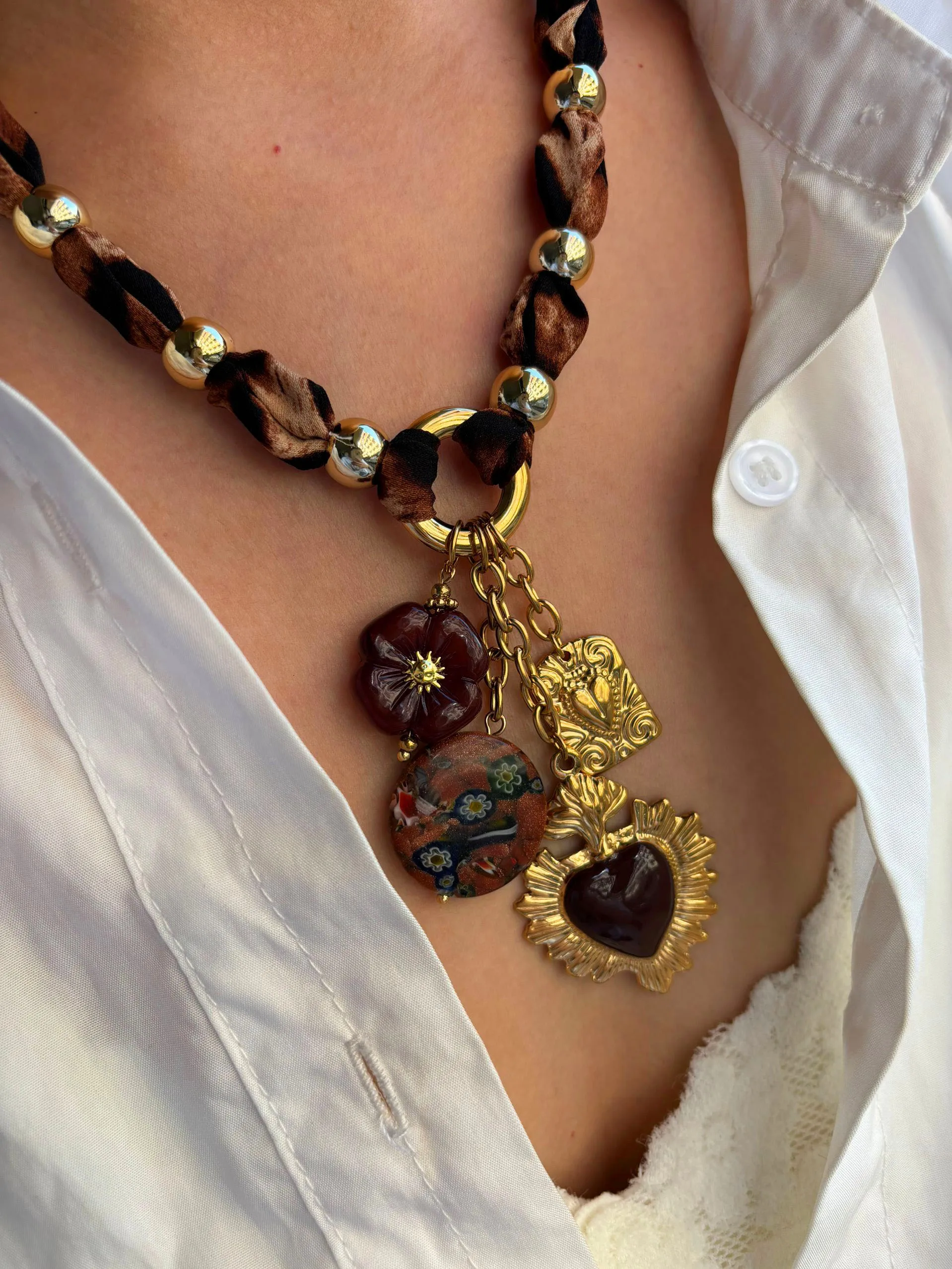 GHIDBK الفولاذ المقاوم للصدأ المينا القلب الراتنج زهرة هندسية قلادة قلادة للنساء خمر ليوبارد طباعة حبل سلسلة مجوهرات