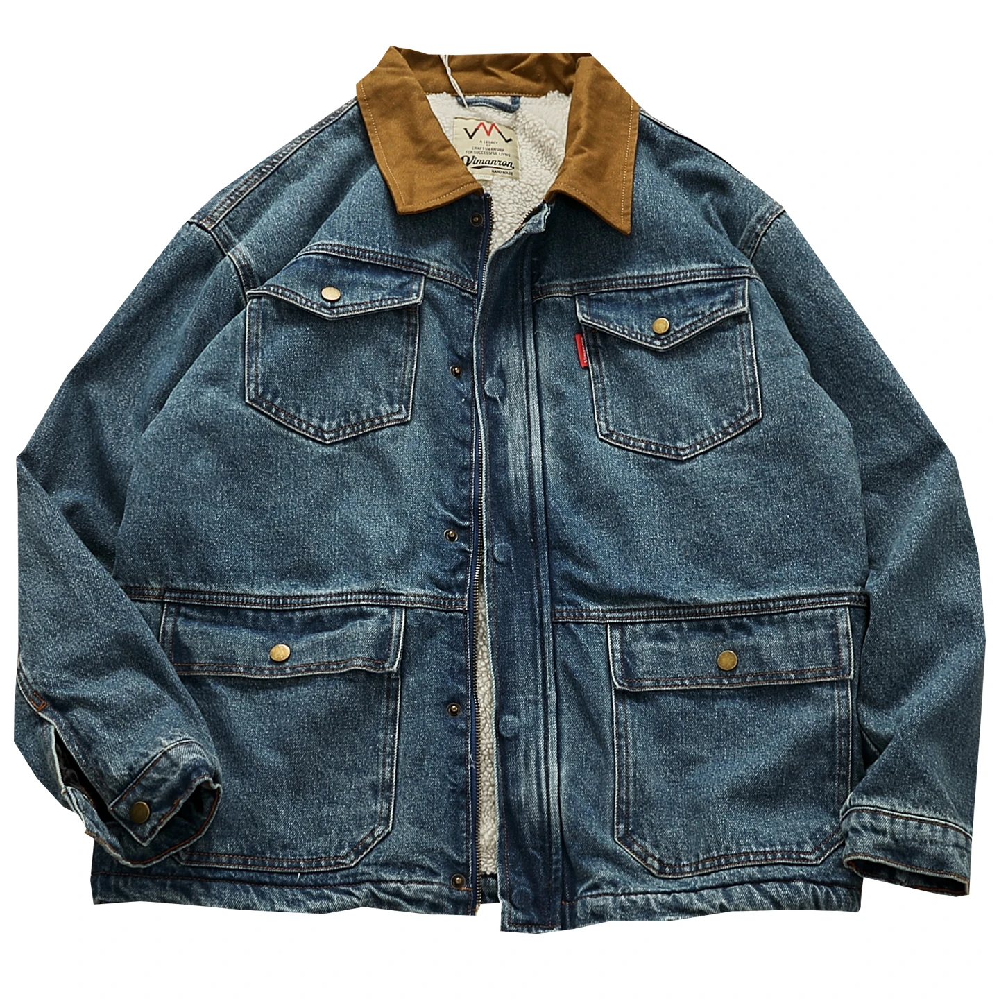 Winter New American Retro Heavyweight Neckline Contrast Color Washed Thickened Lamb Wool Denim Padded Jacket Men's Casual Coat