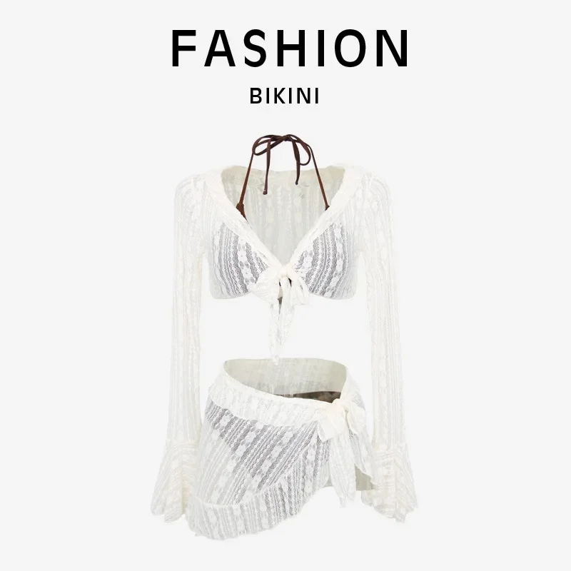 2025 Vierteiliger Badeanzug zum Schwimmen, Sommer, Strand, Dreieck, Körbchenrücken, Knoten, Bikini-Set, Femelle, Glockenärmel, Cover-Up-Set, brasilianische Badebekleidung