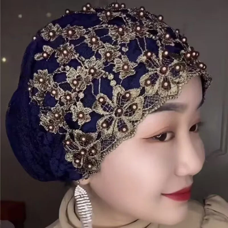 Cappello turbante con perline in pizzo cappello da donna musulmano con foulard pronto da indossare hijab interni traspiranti berretto estivo da donna