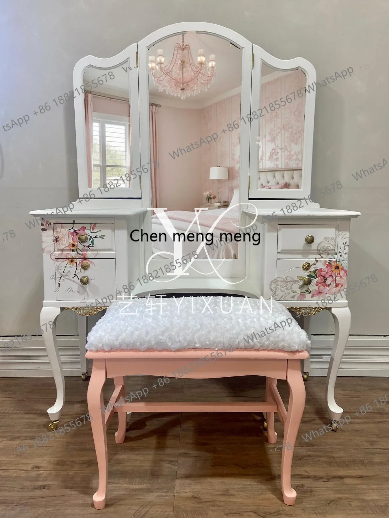 

Discount French light luxury hand-painted bedroom dressing table American hand-carved makeup table with mirror furniture combina