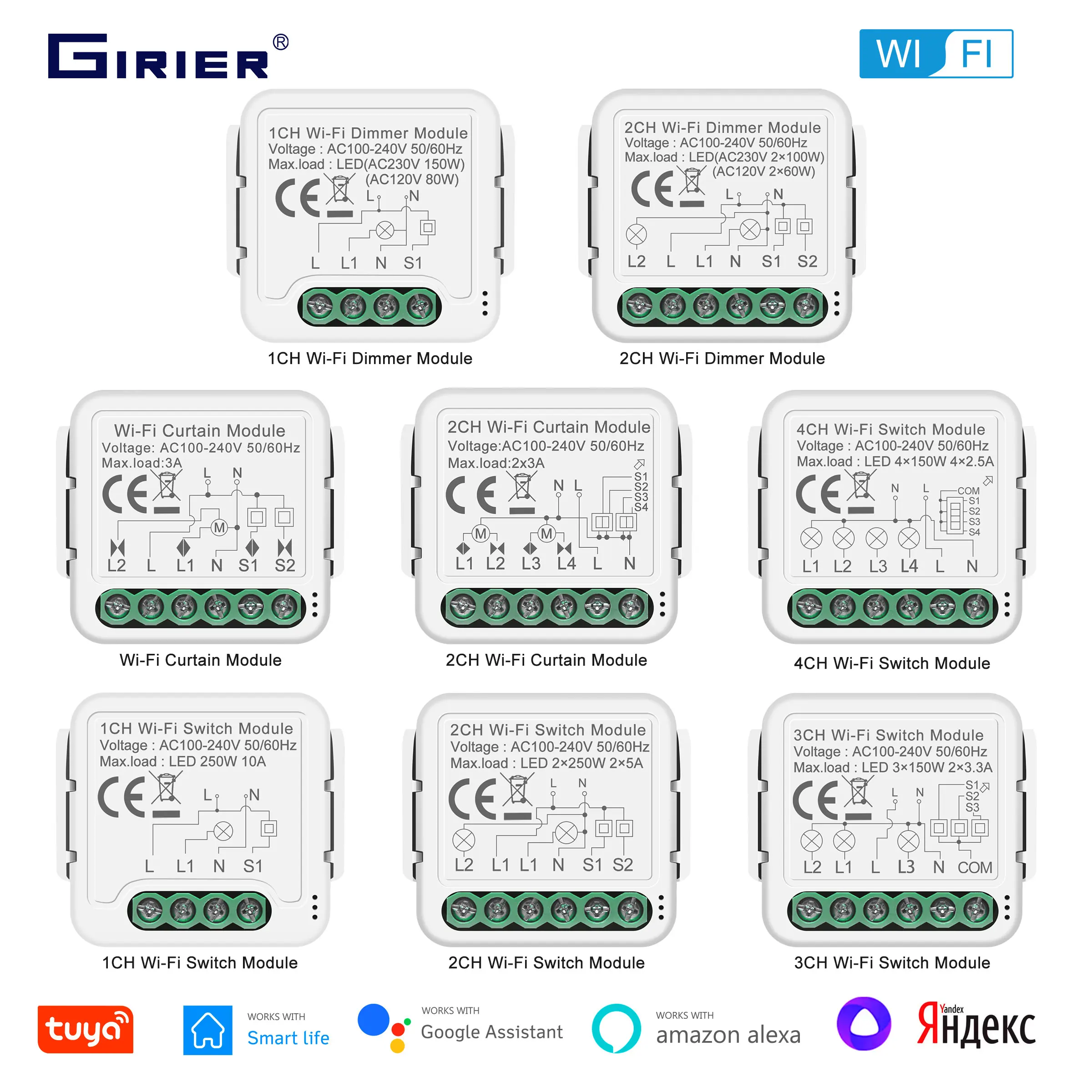 GIRIER Tuya Smart WiFi Moduli luce/tenda/interruttore dimmer Supporto controllo bidirezionale Funziona con Alexa Ehi Google Alice Nessun hub