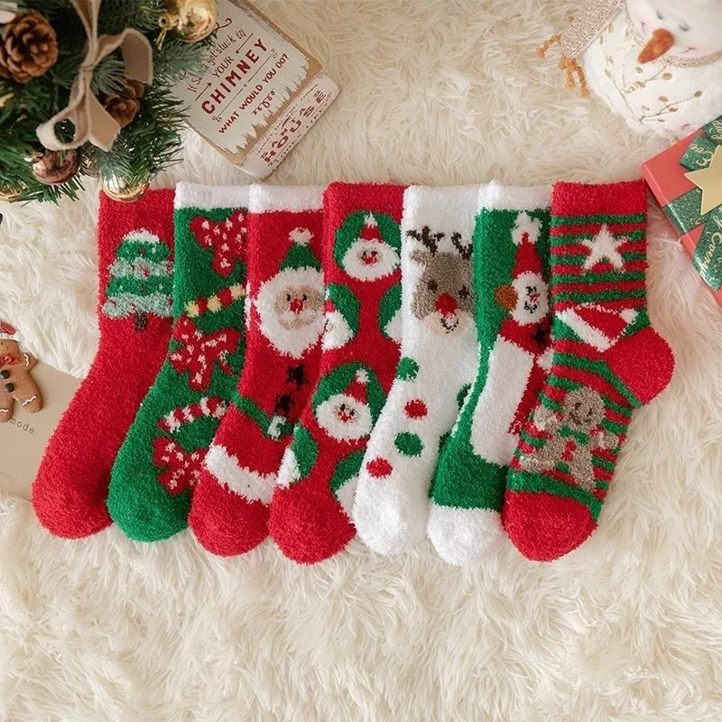 

New Year Christmas Gift Sock Women Coral Fleece Thicken Cute Knee-high Socks Red Socks Floor Socks Cookie Man Bow Santa Claus
