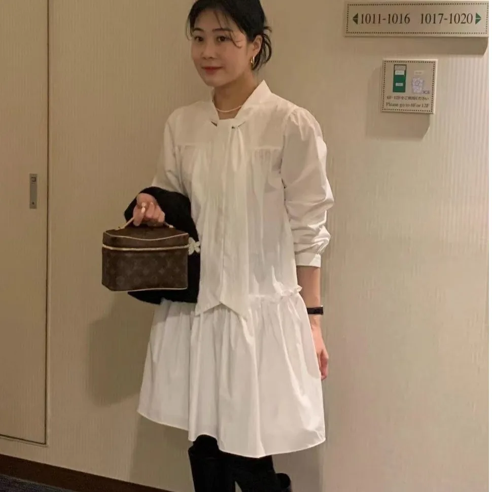 Loose Korean Style Long Sleeve Collared Dress with Belt Black White Casual Maxi Dress for Women in Their Twenties