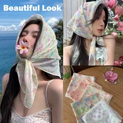 French Floral Headscarf Spring Summer Artistic Chiffon Square Scarf Beach Retro Hair Scarf Women Travel Photo  Accessories