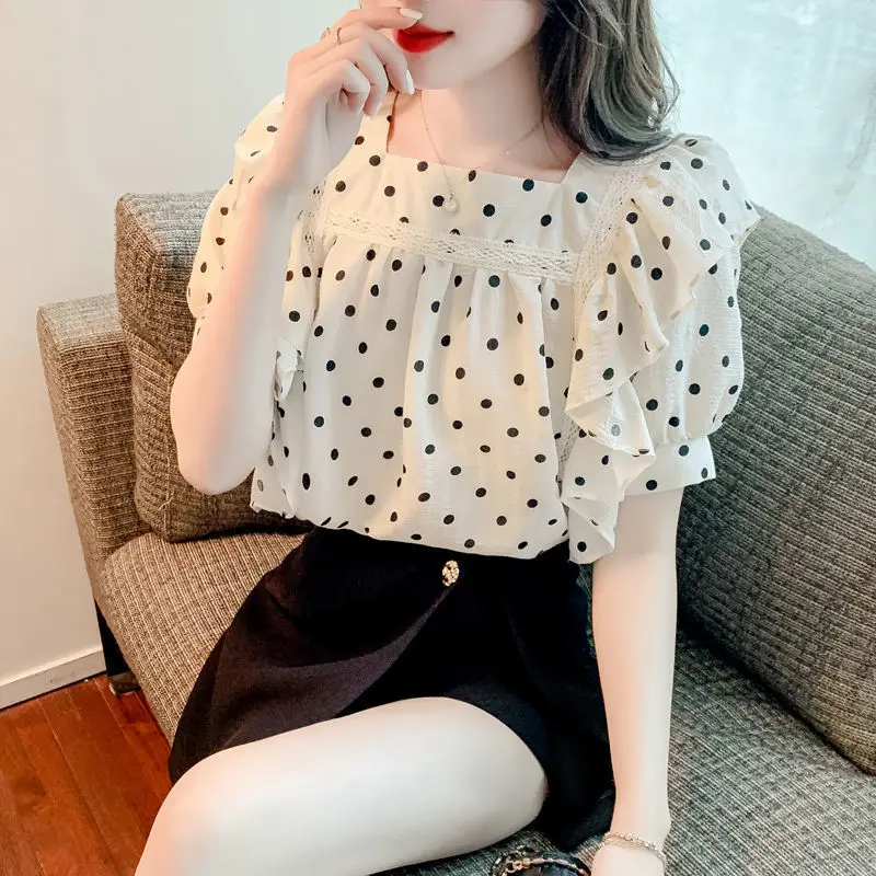 Sweet Chiffon Lace Ruffles Polka Dot Blouses Summer Square Collar Printed Commute Tops Puff Sleeve Women\'s Clothing Korean Shirt