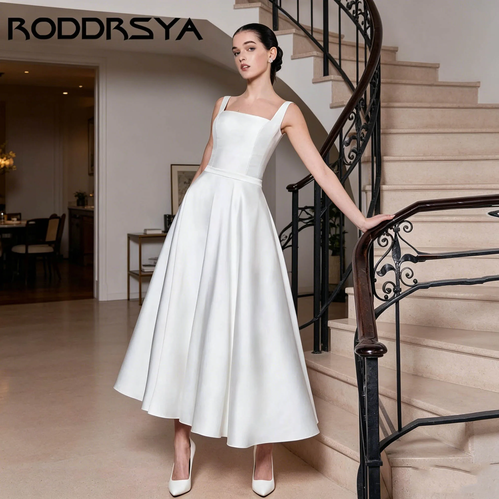 RODDRSYA Tea-Length A-line Wedding Dress Minimalism Modern Satin Sleeveless Bridal Gowns Square Neck vestido de novia Customized
