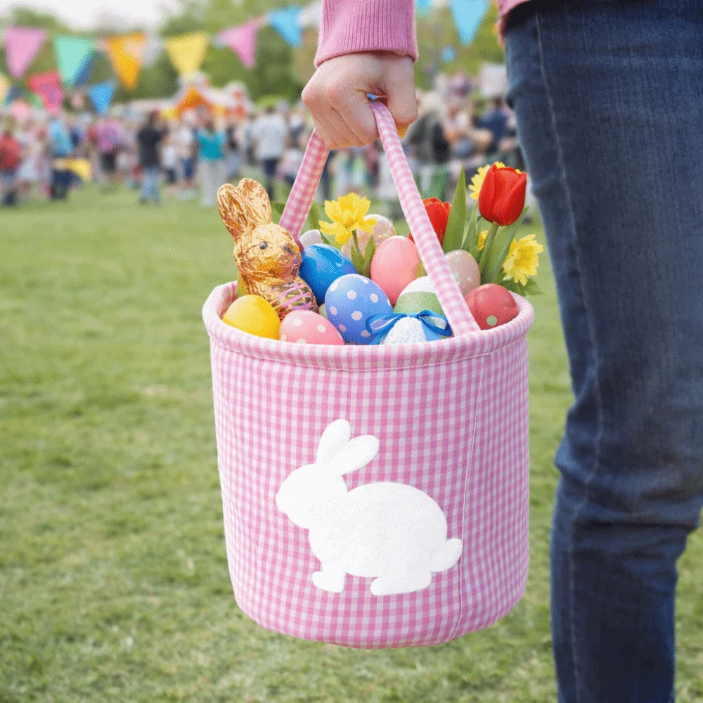 

Embroidery Easter Rabbit Basket Plaid Cloth Easter Egg Hunt Basket Decorative Tote Style Toys Storage Bag Nursery Storage